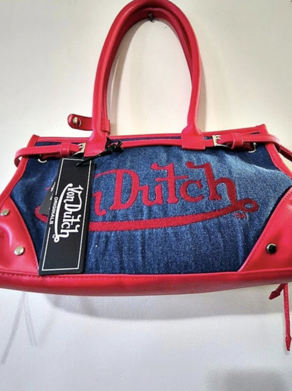 Von Dutch Red Patch Denim Bowling Bag — Dark Wash Red & Blue Tote